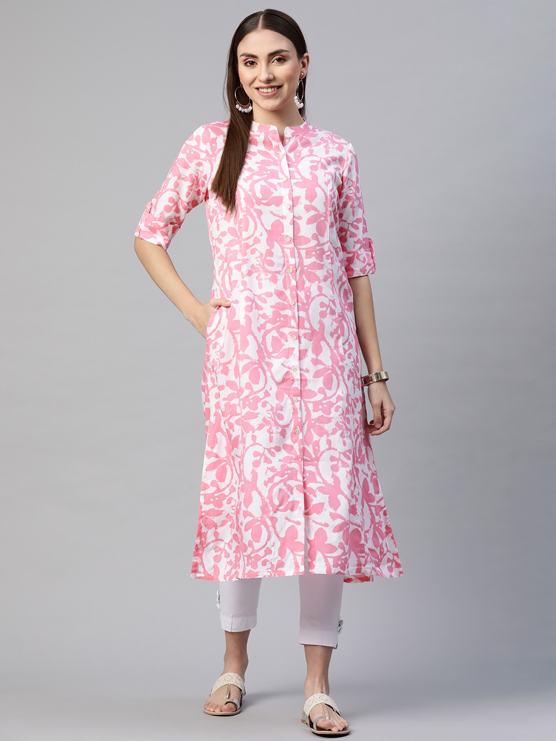 

Divena Women White & Pink Floral Printed Cotton Floral Kurta