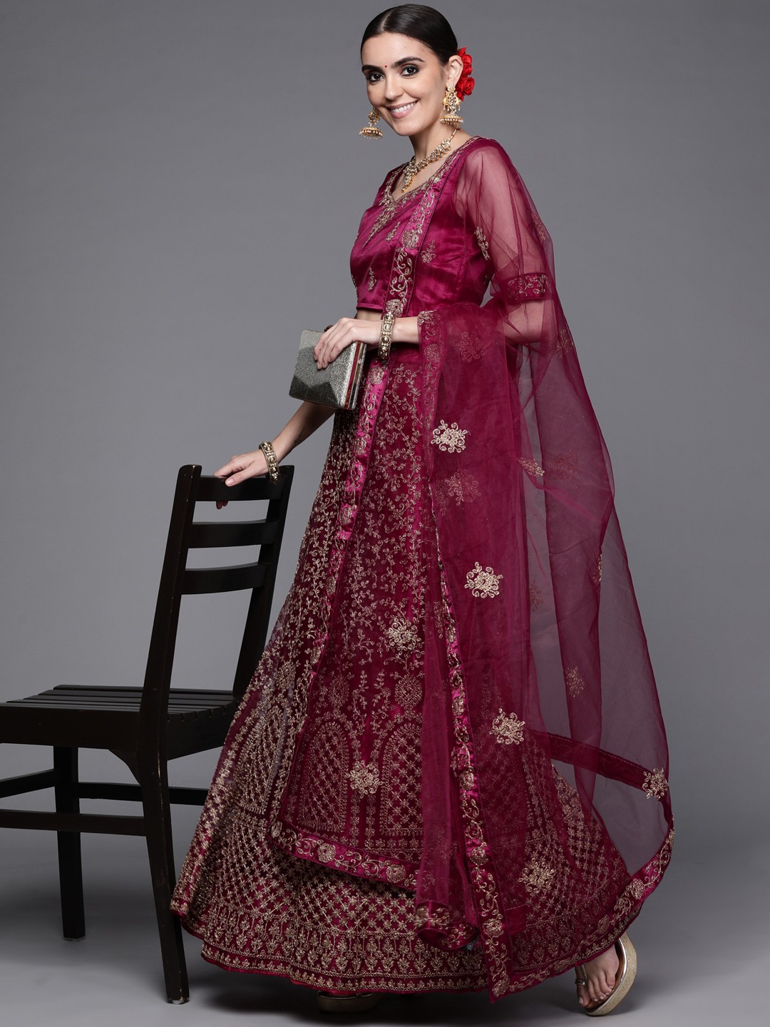 

Inddus Burgundy & Gold-Toned Embroidered Semi-Stitched Lehenga & Unstitched Blouse With Dupatta