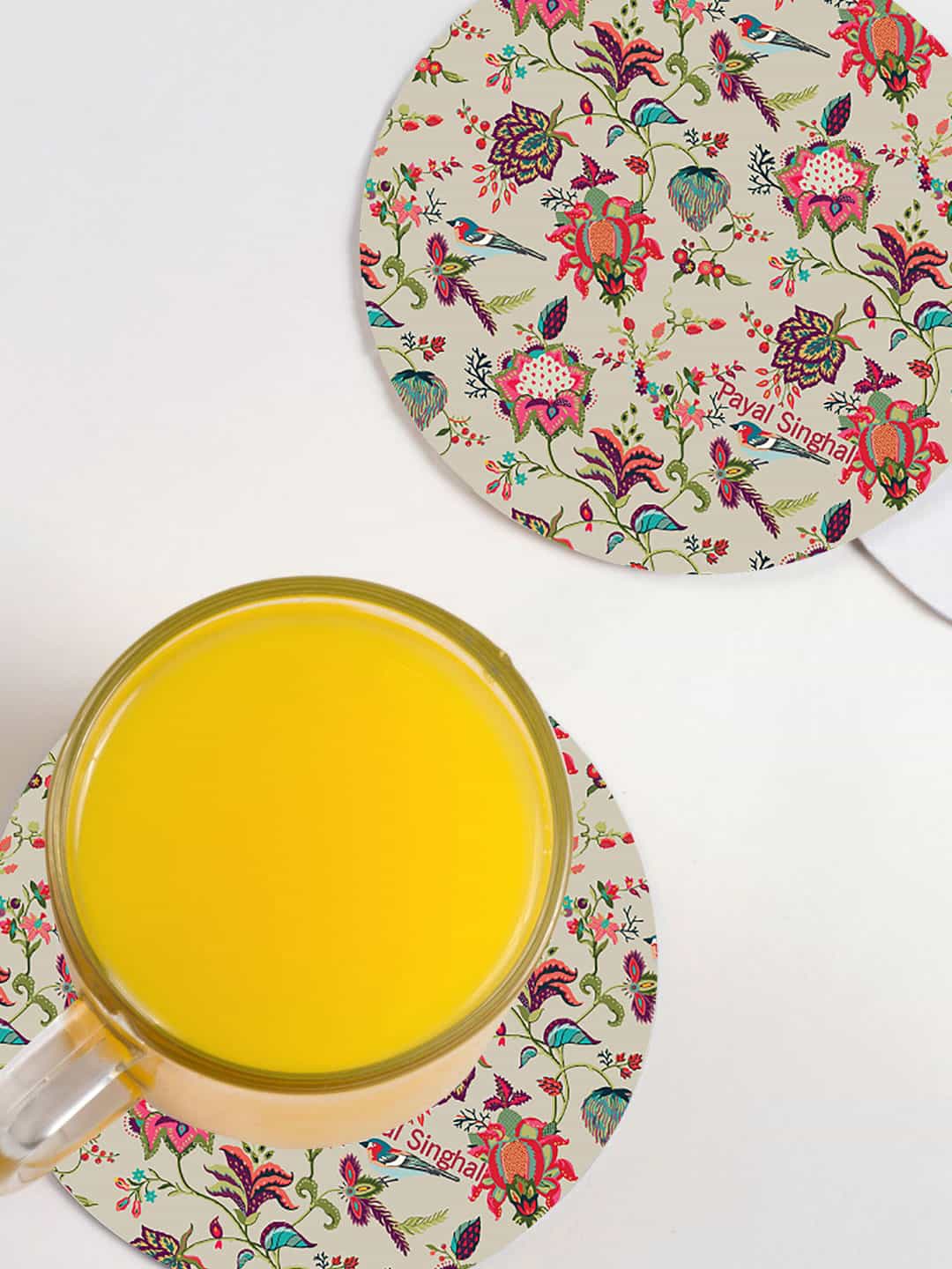 

macmerise Set of 6 Beige & Red Printed Circular Coasters