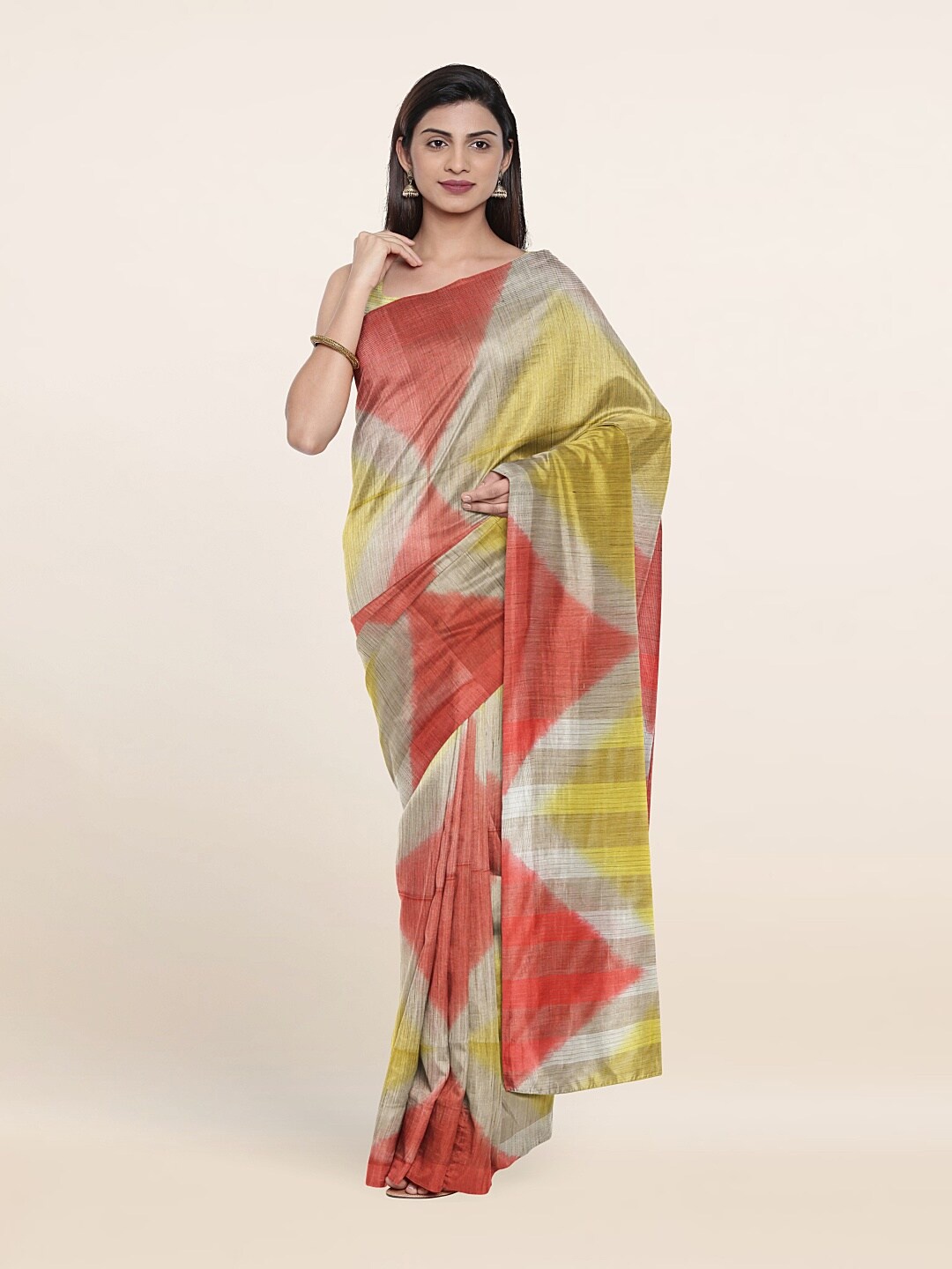 

Pothys Red & Yellow Abstract Printed Jute Cotton Saree