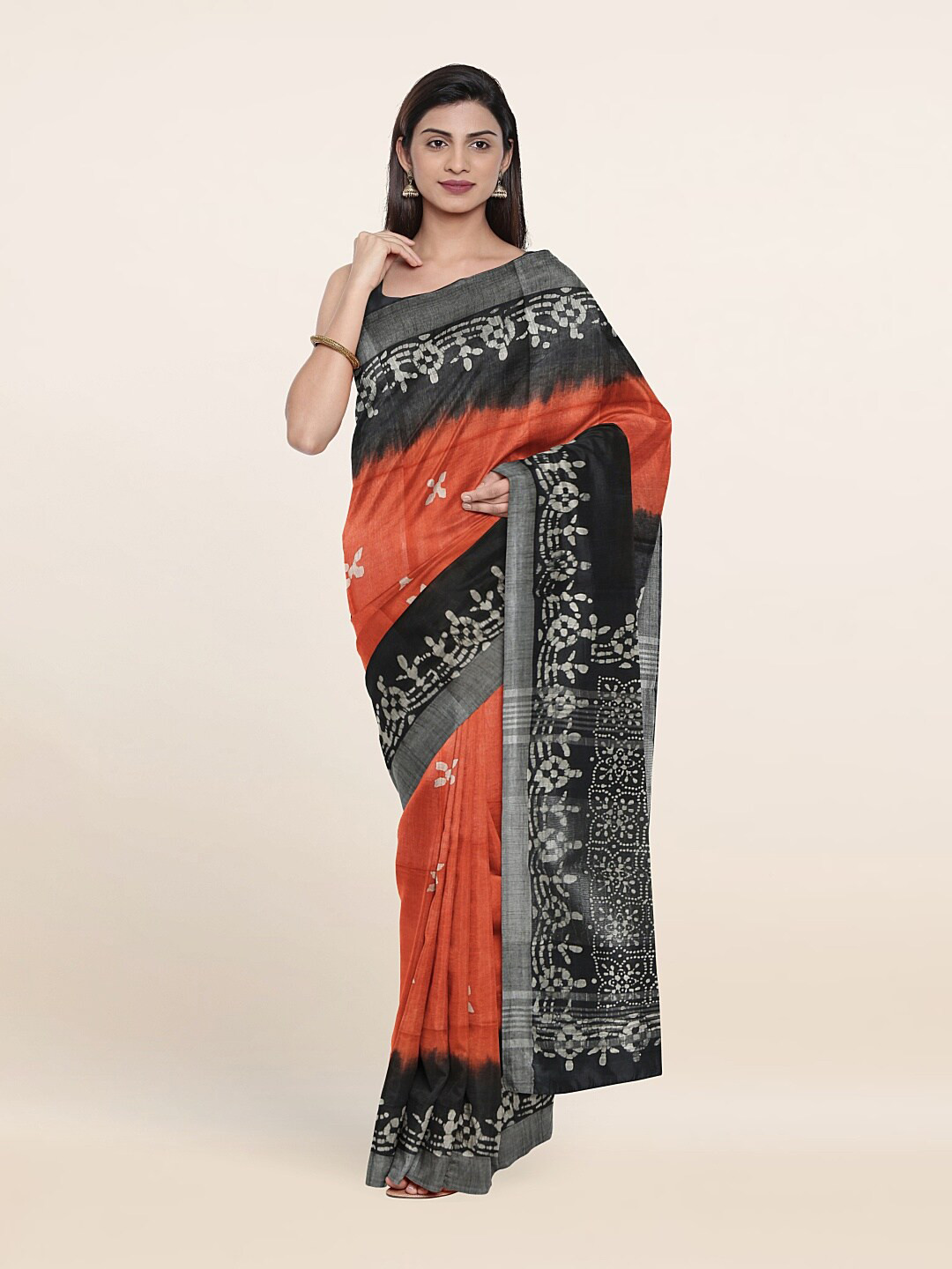 

Pothys Orange & Black Floral Pure Linen Saree