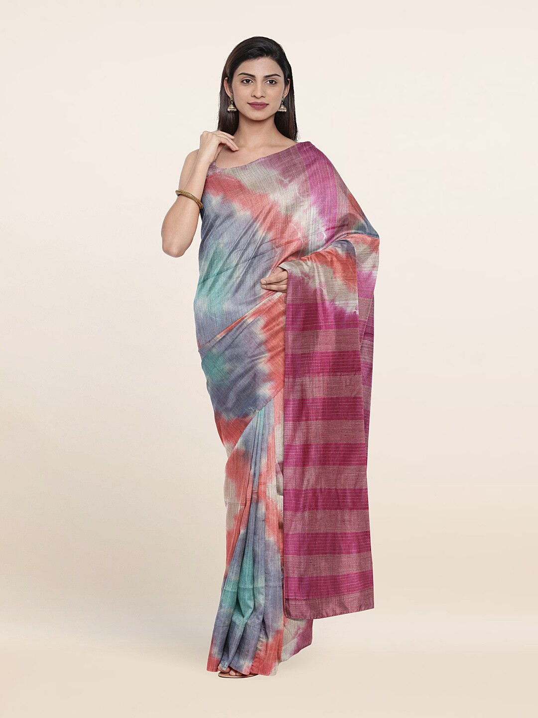

Pothys Pink & Blue Abstract Jute Cotton Saree