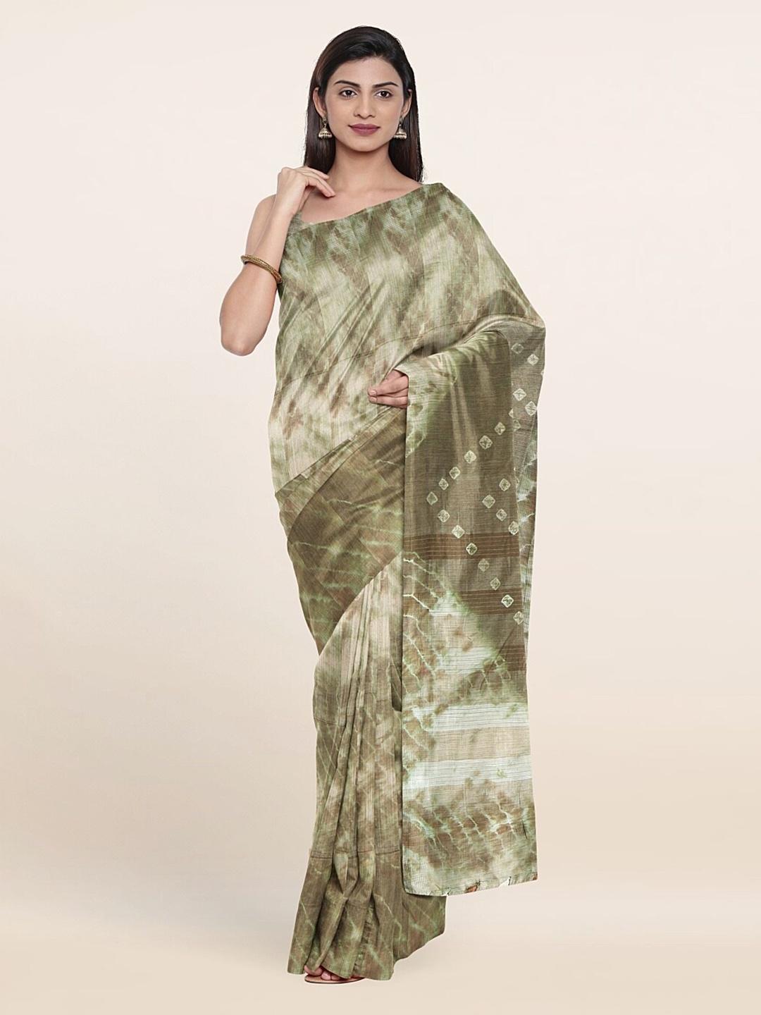 

Pothys Brown & Cream-Coloured Bandhani Jute Cotton Saree