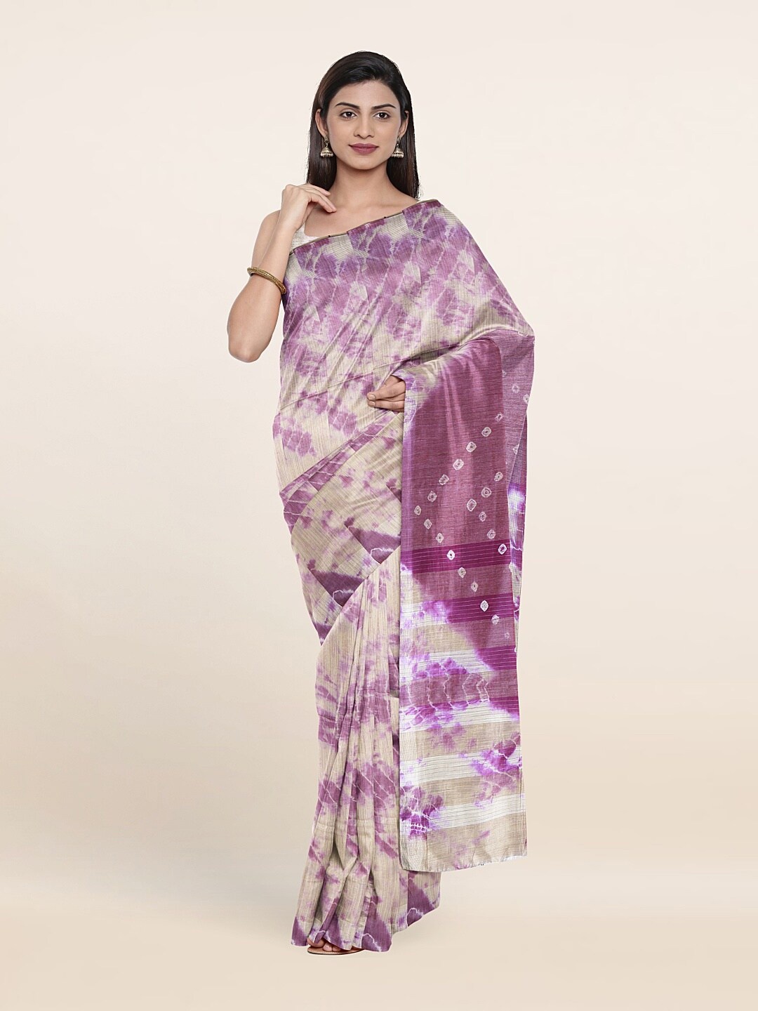 

Pothys Purple & White Bandhani Printed Jute Cotton Saree