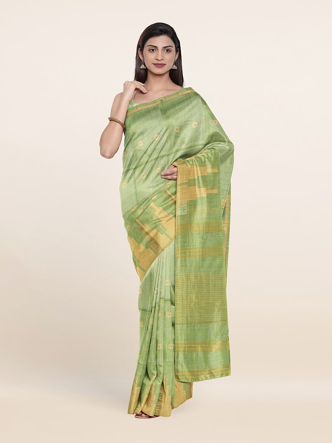 

Pothys Green & Beige Zari Jute Cotton Saree