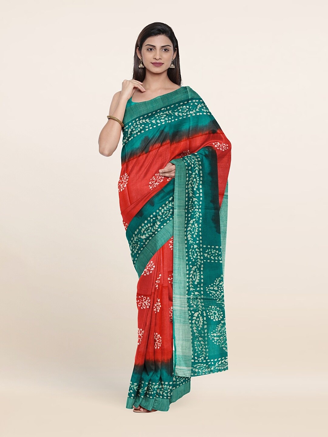 

Pothys Red & Green Batik Pure Linen Saree