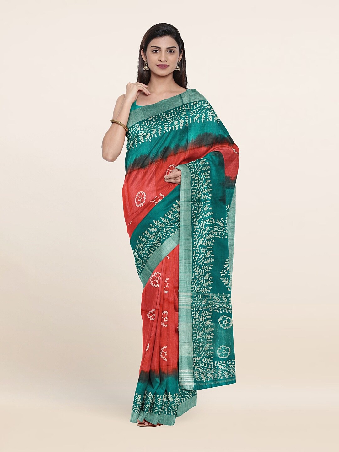 

Pothys Orange & Green Floral Zari Pure Linen Saree