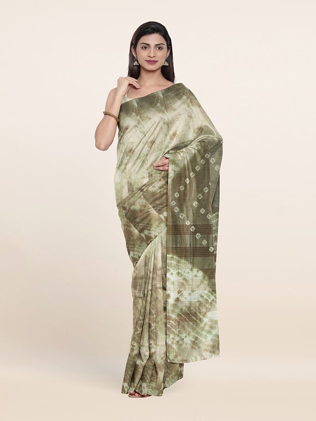 

Pothys Olive Green & Brown Tie and Dye Jute Cotton Saree