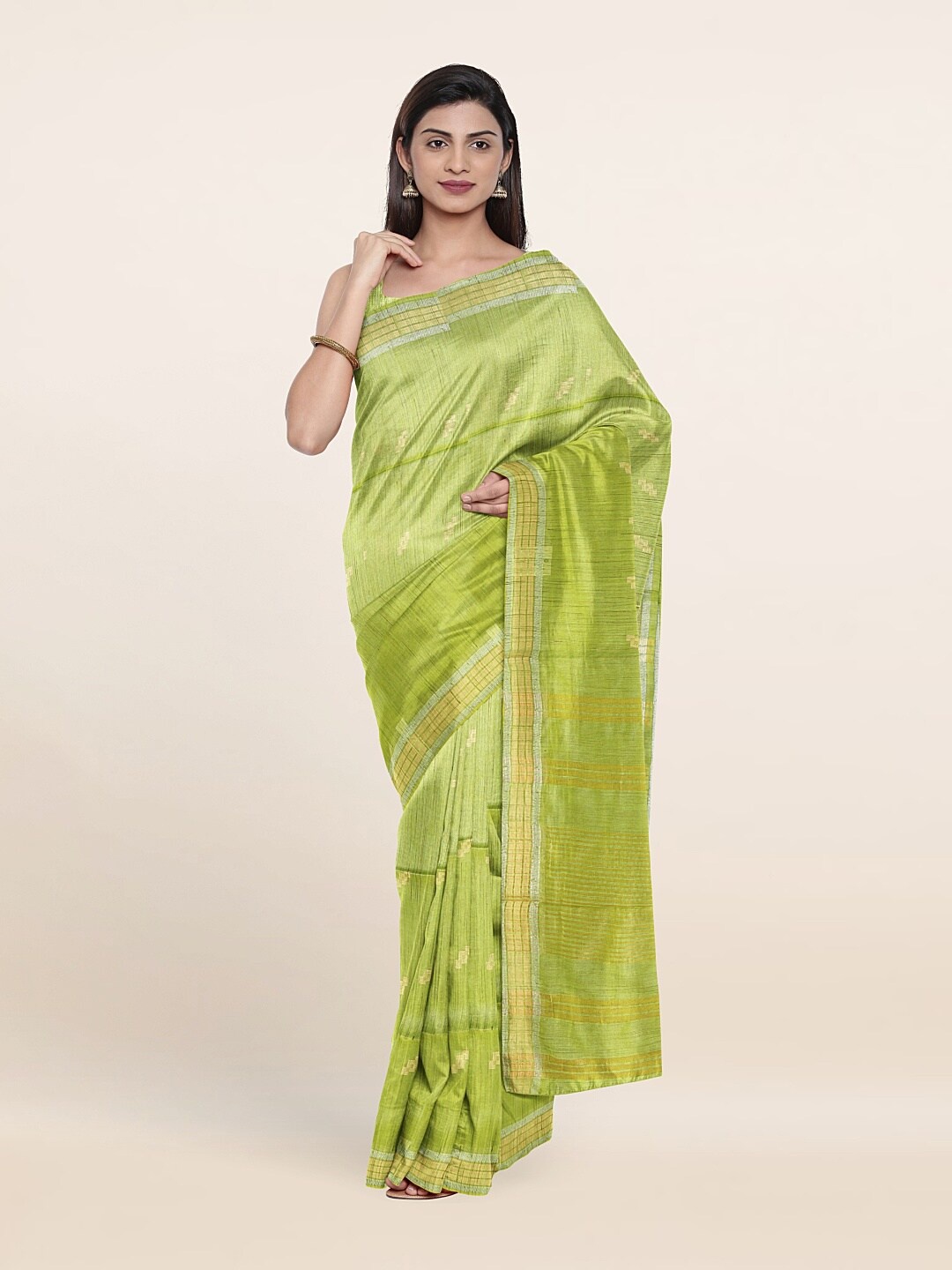

Pothys Green & Gold-Toned Zari Jute Cotton Saree