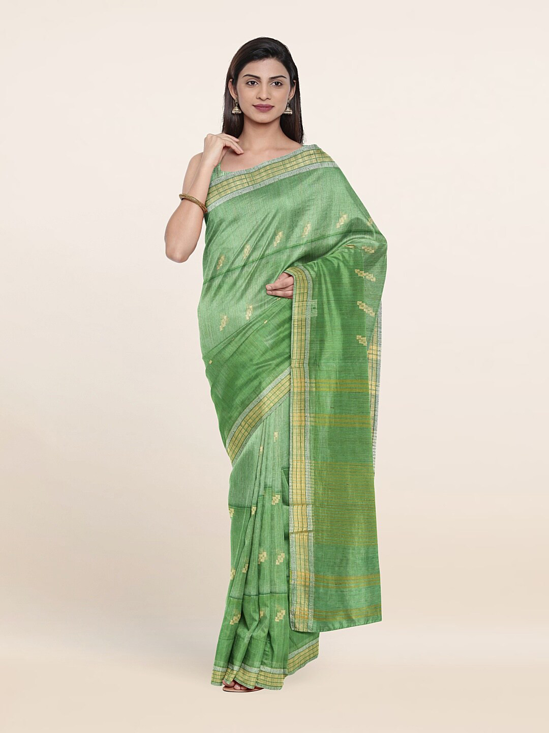

Pothys Green & Gold-Toned Woven Design Jute Cotton Saree
