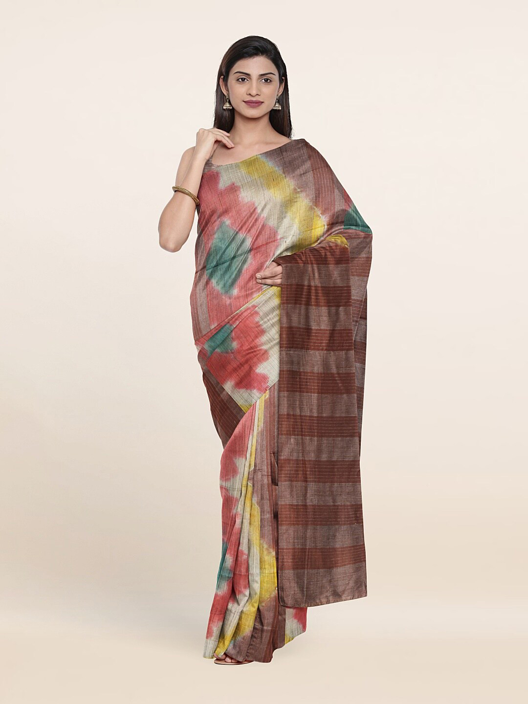 

Pothys Brown & Pink Tie and Dye Zari Jute Cotton Saree