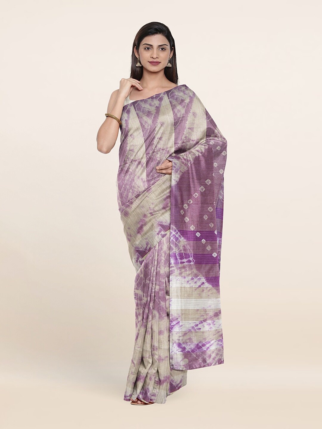 

Pothys Purple & Cream-Coloured Bandhani Jute Cotton Saree
