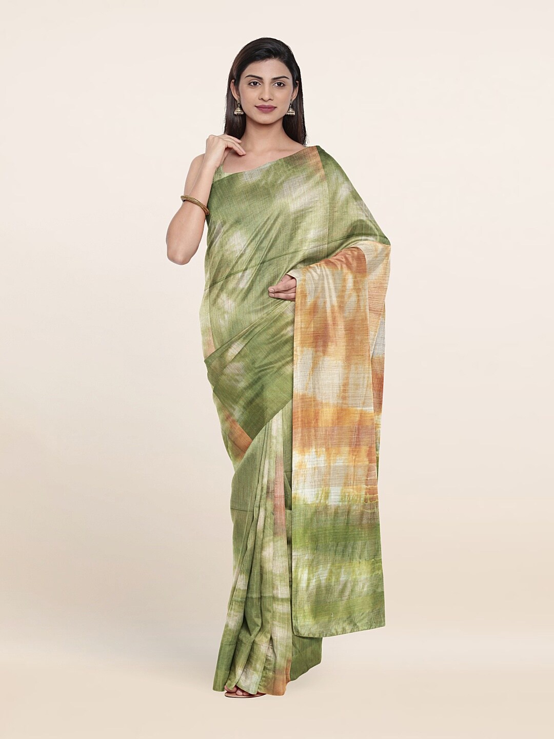 

Pothys Green & Brown Tie and Dye Jute Cotton Saree