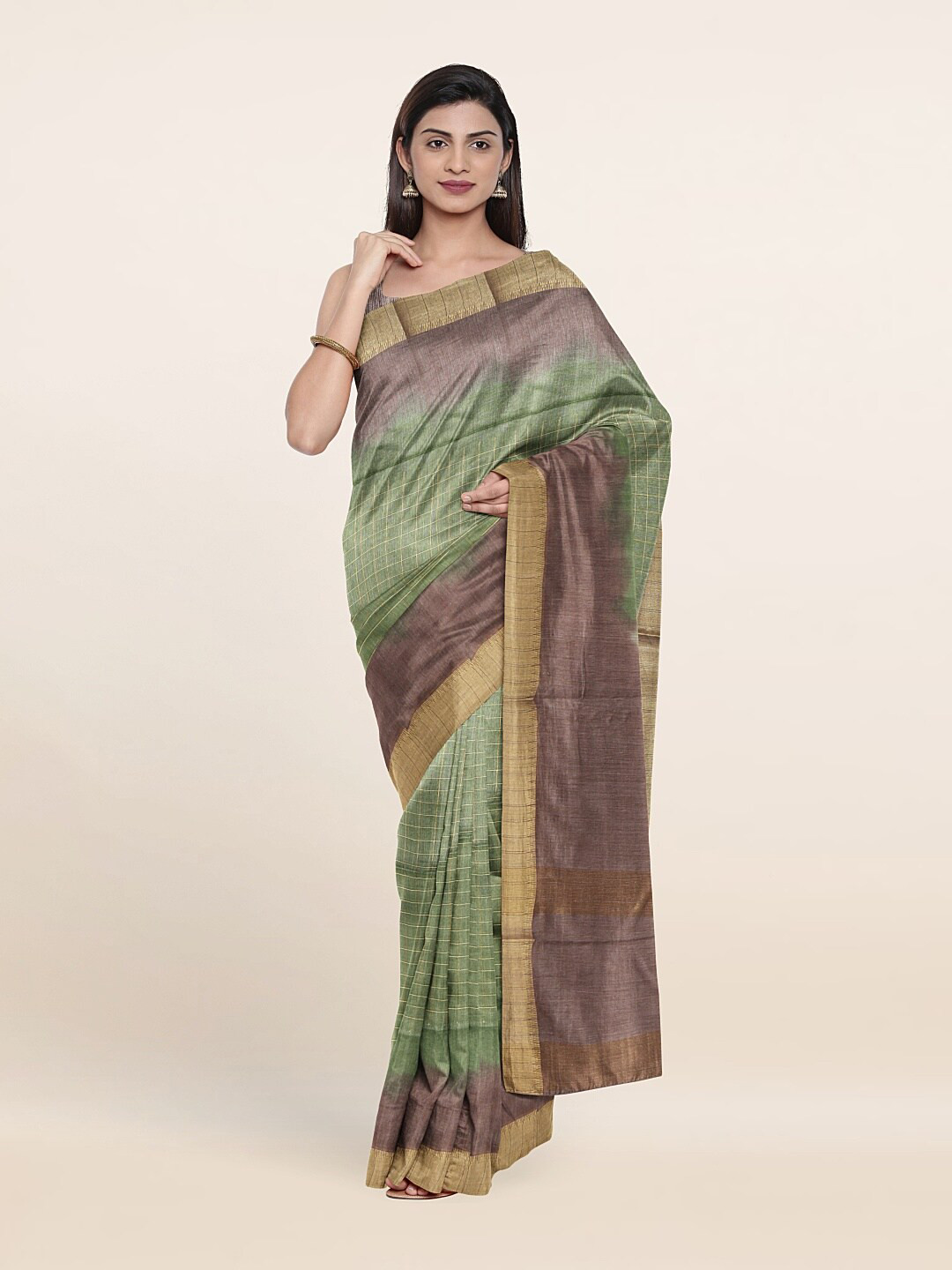 

Pothys Green & Gold-Toned Woven Design Zari Jute Cotton Saree