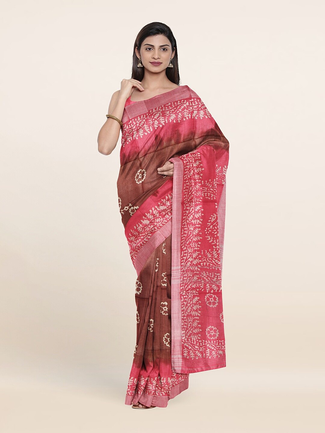 

Pothys Brown & Pink Batik Pure Linen Saree