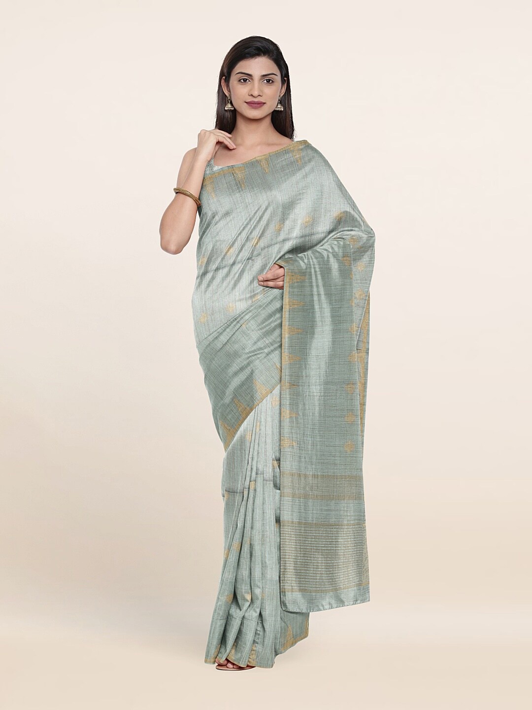 

Pothys Blue & Gold-Toned Striped Zari Jute Cotton Saree