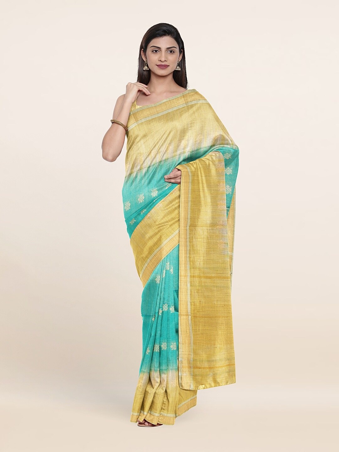 

Pothys Sea Green & Cream-Coloured Ethnic Motifs Jute Cotton Saree