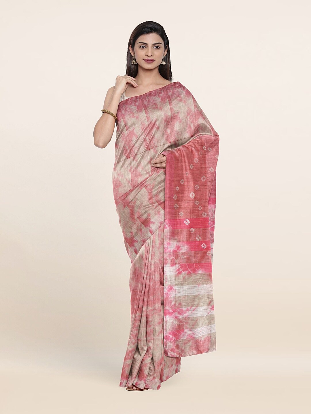 

Pothys Pink & Cream-Coloured Bandhani Printed Jute Cotton Saree