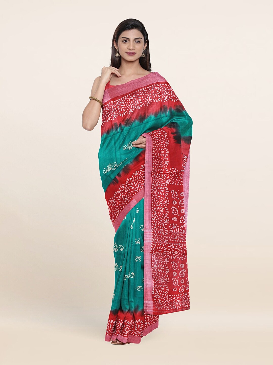 

Pothys Teal & Magenta Batik Zari Pure Linen Saree