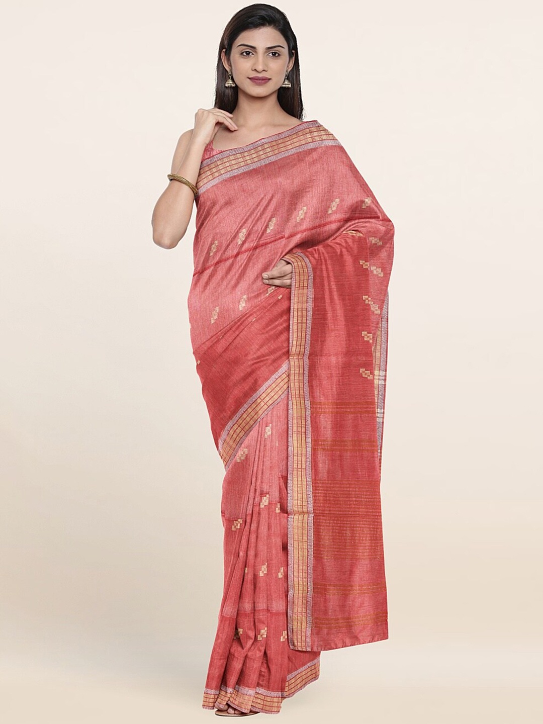 

Pothys Rust & Gold-Toned Ethnic Motifs Zari Jute Cotton Saree