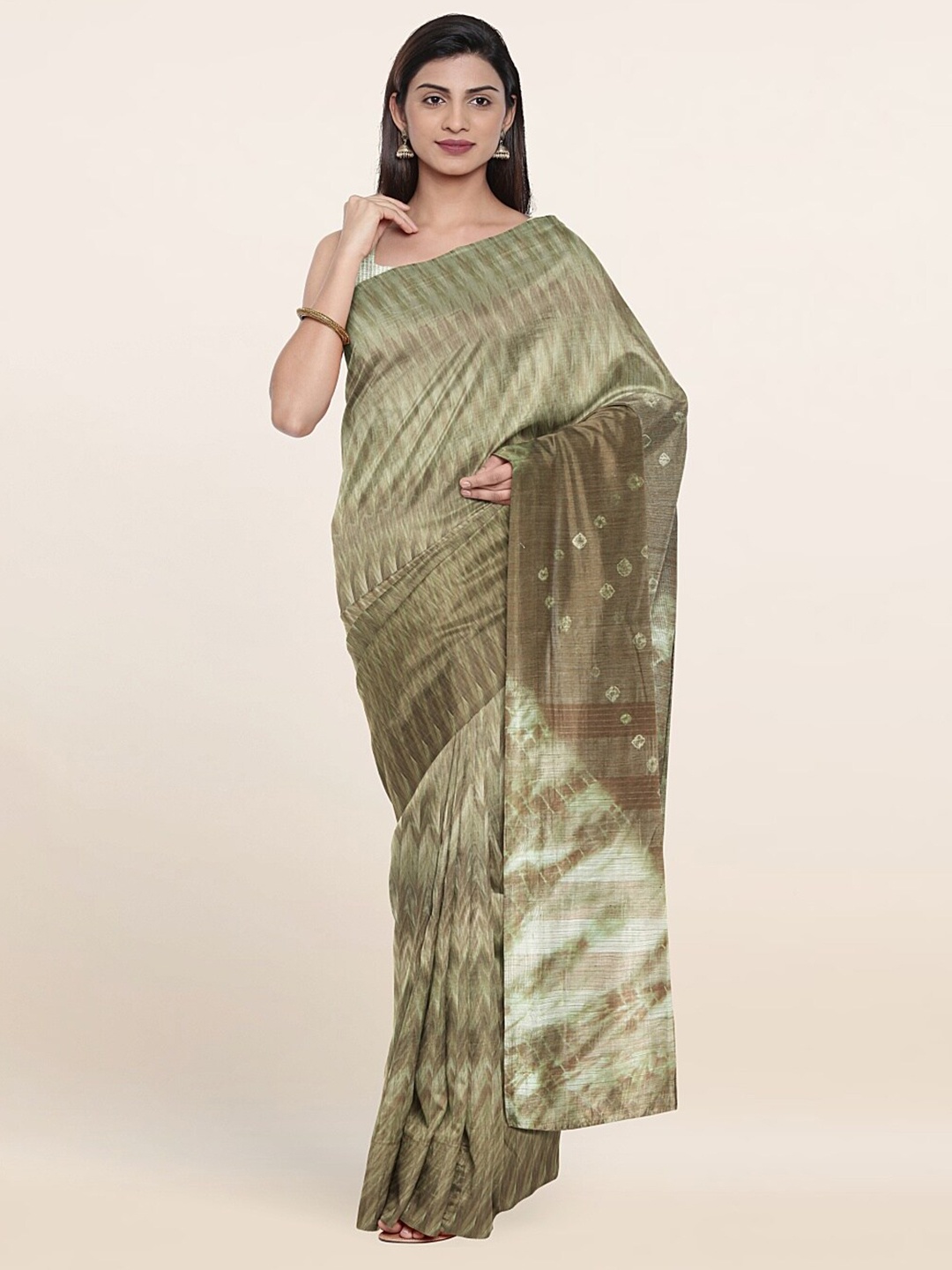 

Pothys Green & Off White Bandhani Jute Cotton Saree