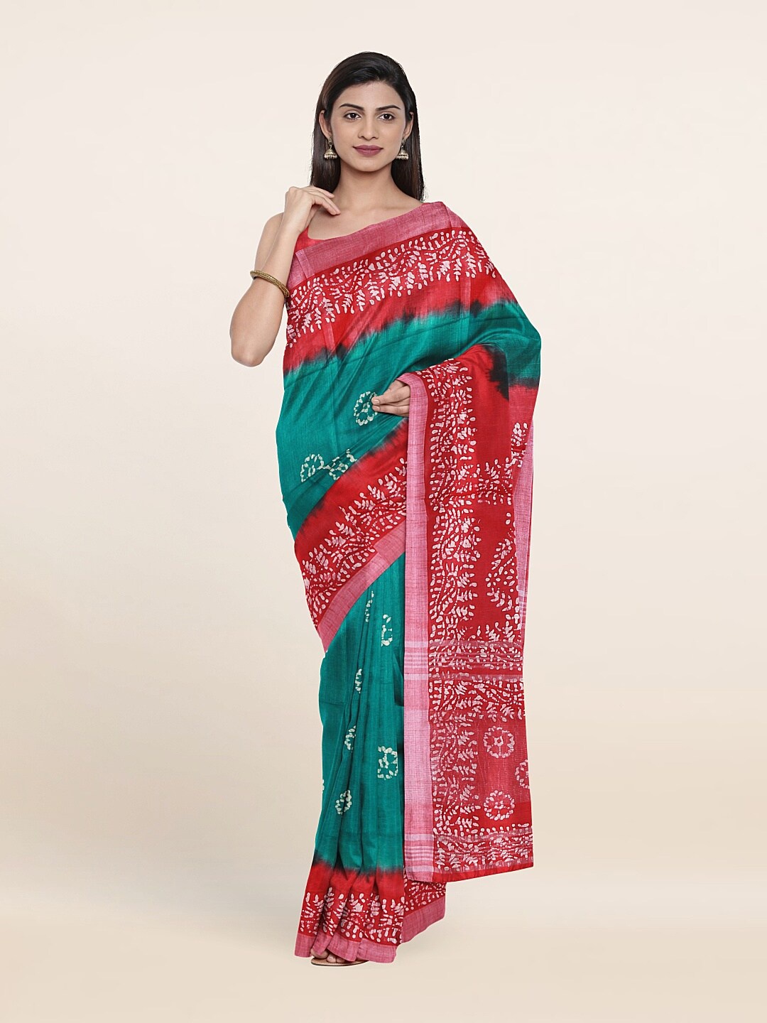 

Pothys Teal & Red Batik Pure Linen Saree