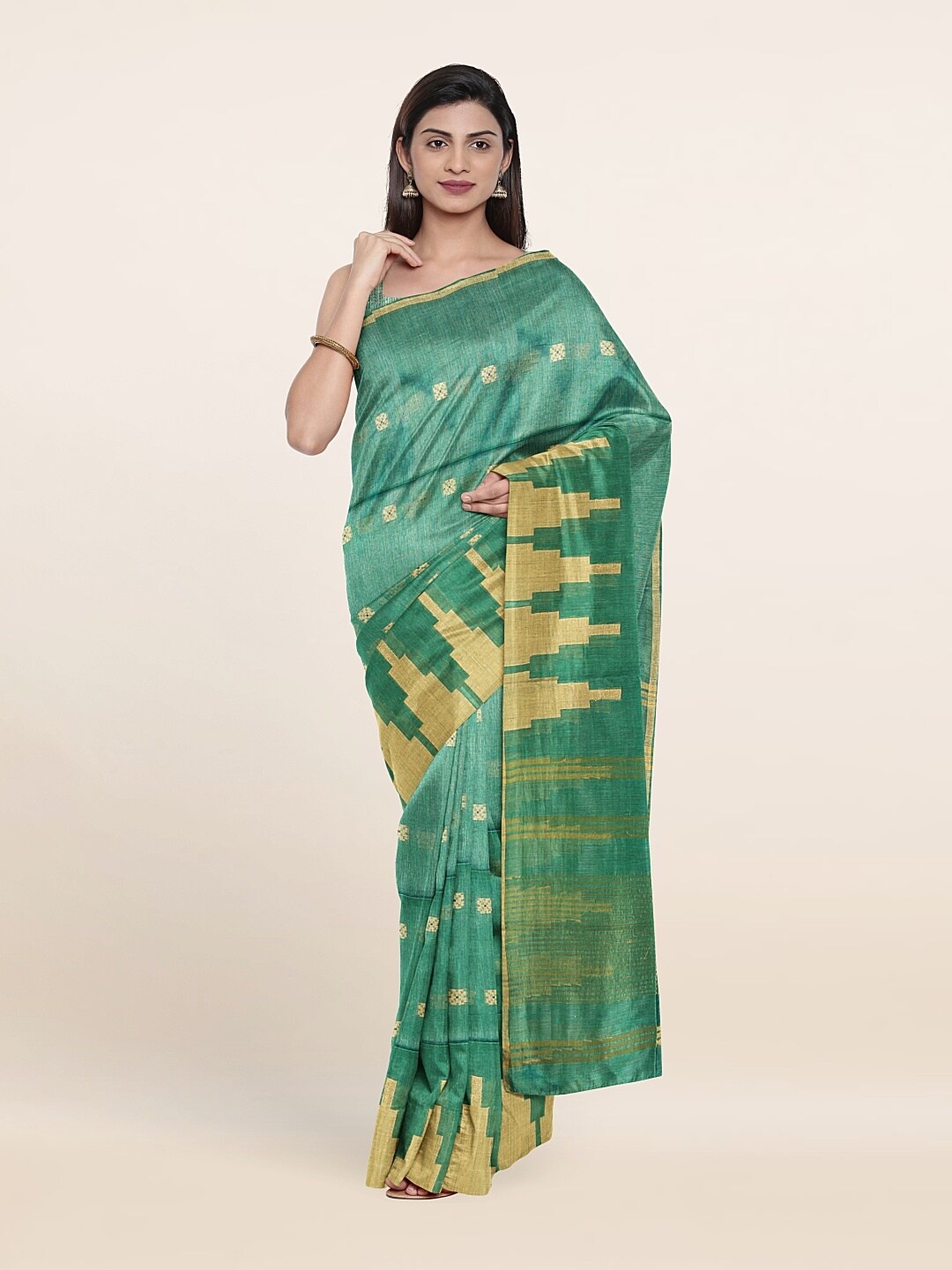 

Pothys Green & Gold-Toned Woven Design Zari Jute Cotton Saree