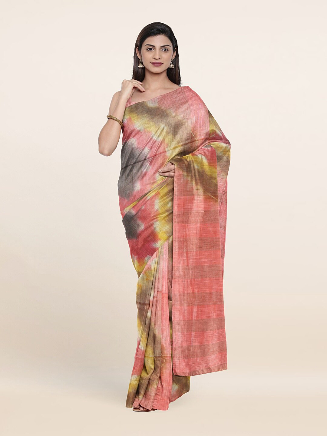 

Pothys Pink & Yellow Tie and Dye Jute Cotton Saree