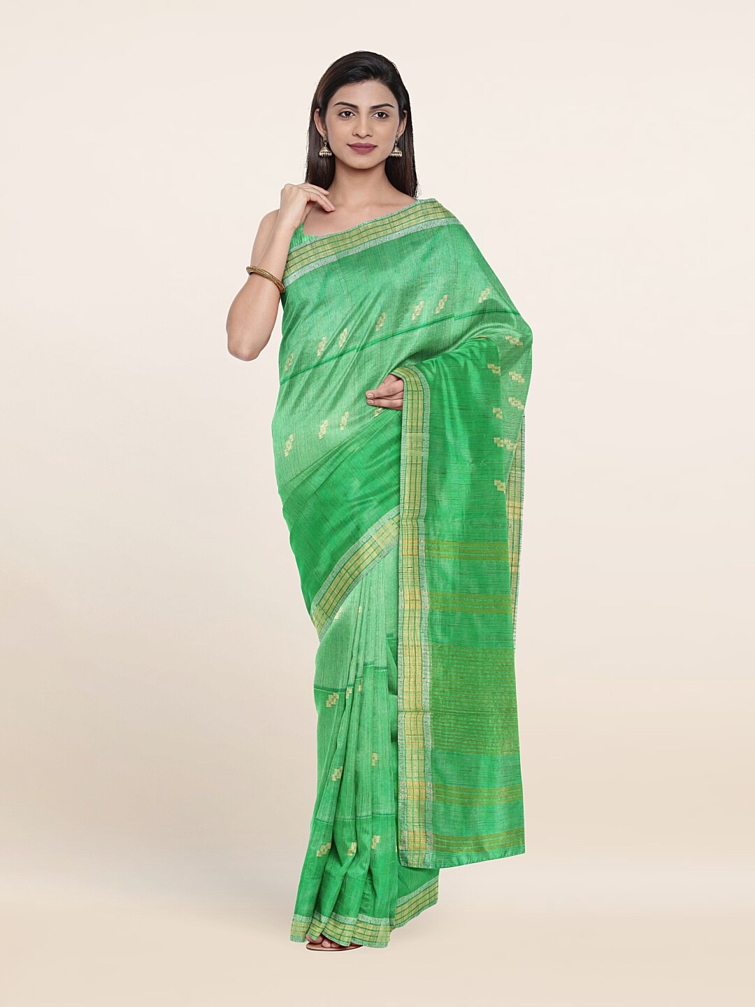 

Pothys Green & Gold-Toned Woven Design Zari Jute Cotton Saree