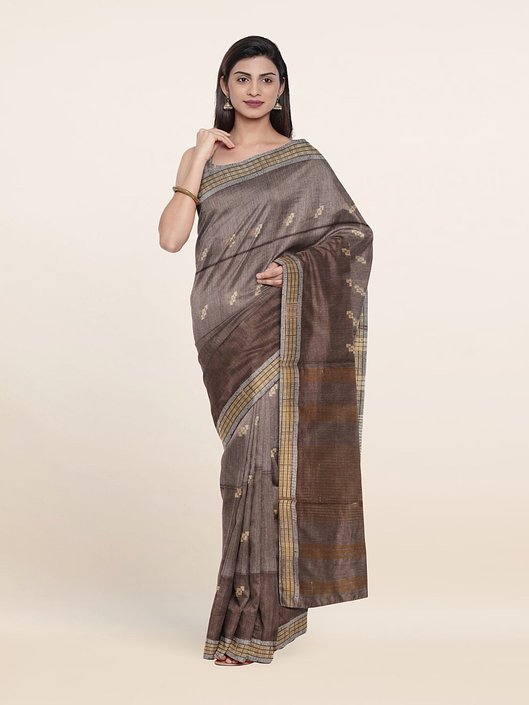 

Pothys Brown & Gold-Toned Woven Design Zari Jute Cotton Saree