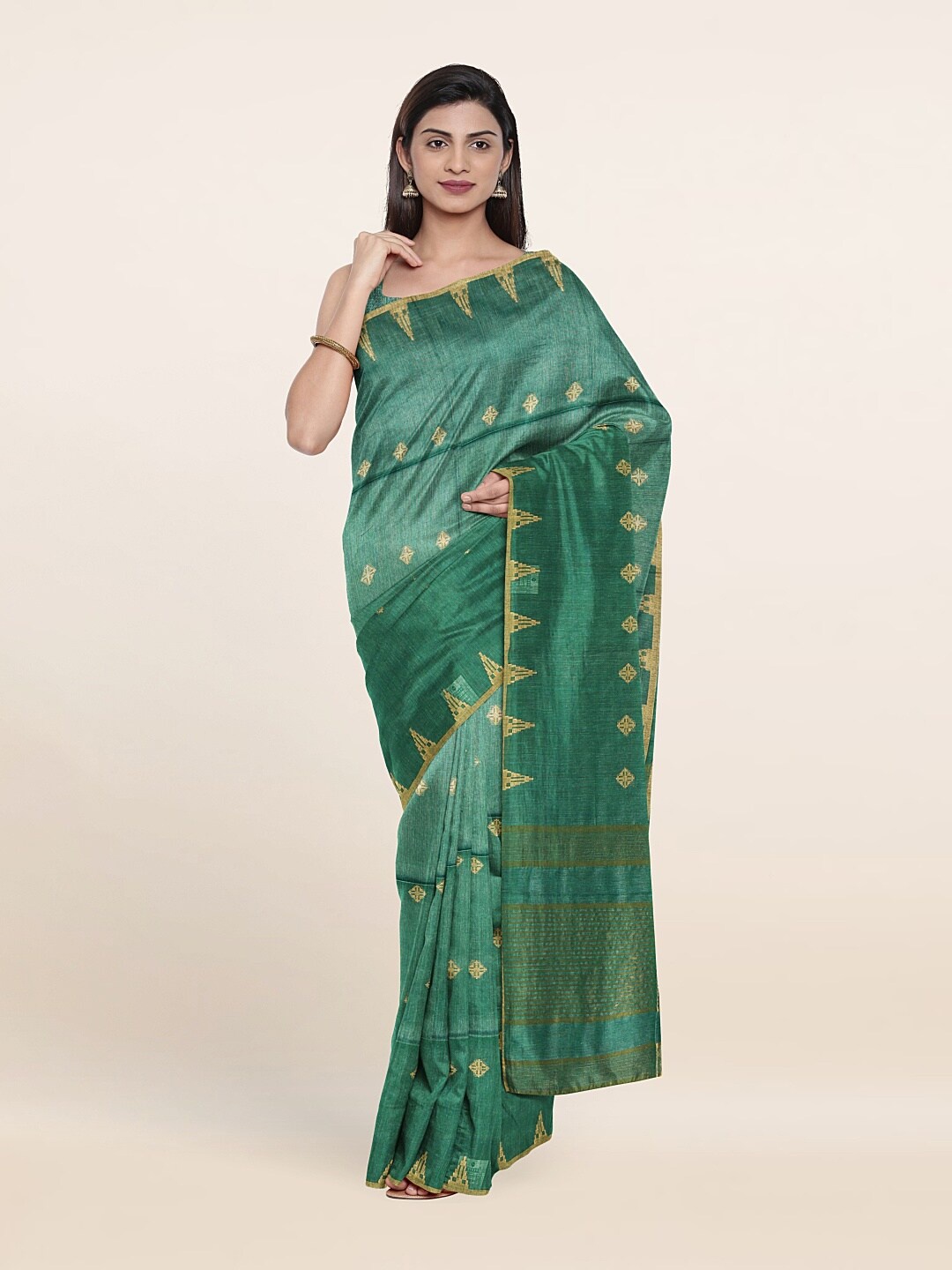 

Pothys Green & Gold-Toned Woven Design Zari Jute Cotton Saree