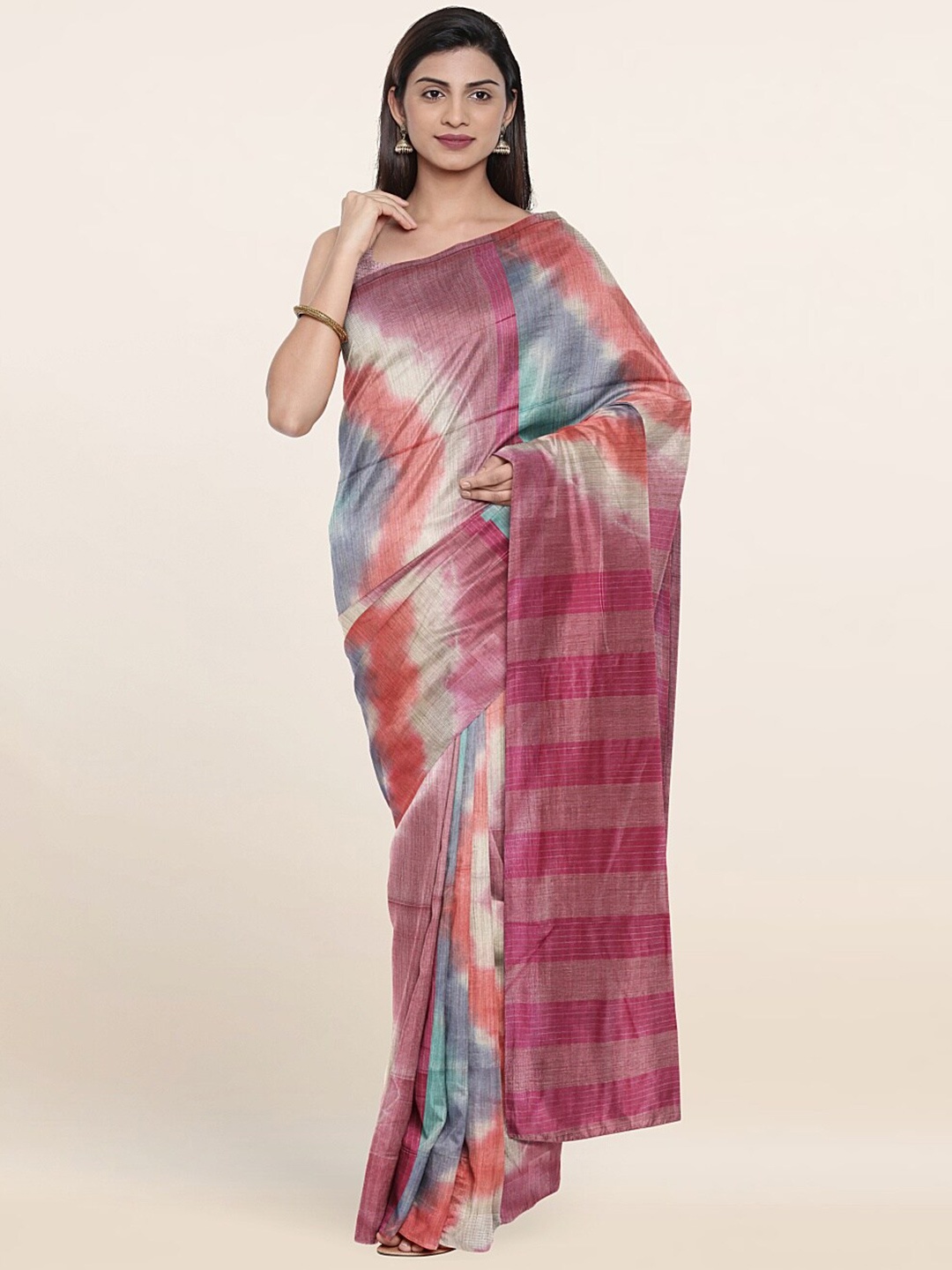 

Pothys Pink & Blue Tie & Dye Jute Cotton Saree