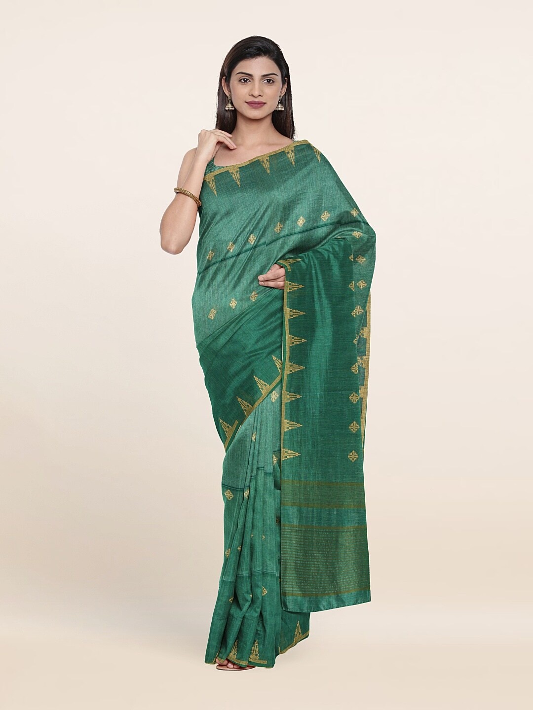 

Pothys Green & Gold-Toned Woven Design Zari Jute Cotton Saree