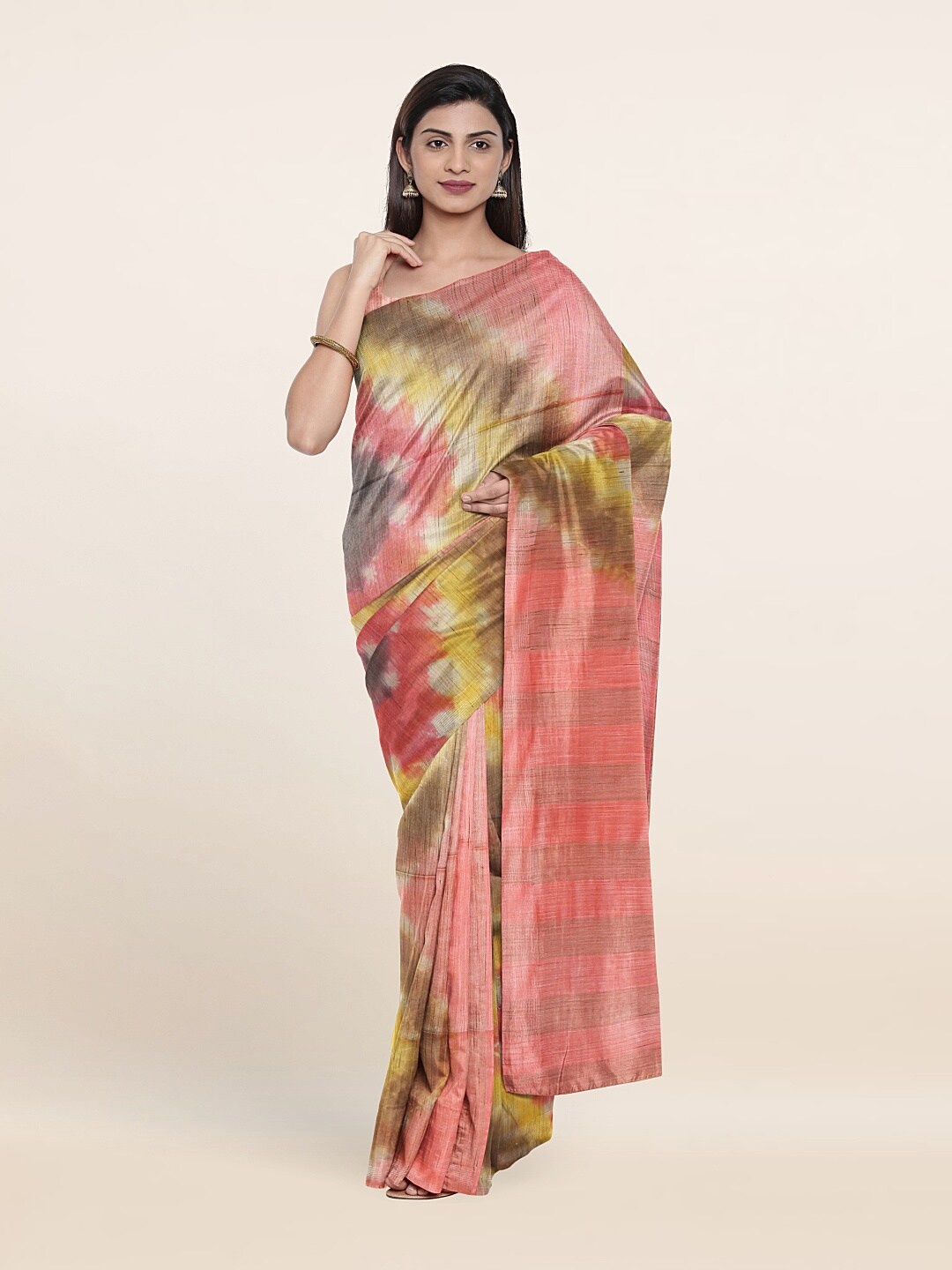 

Pothys Pink & Yellow Tie and Dye Jute Cotton Saree