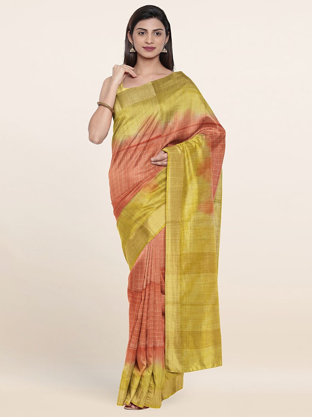 

Pothys Rust & Green Checked Zari Jute Cotton Saree