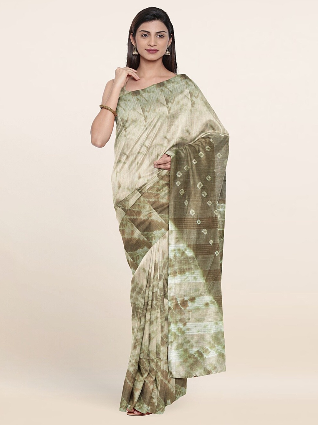 

Pothys Olive Green & Beige Bandhani Jute Cotton Saree