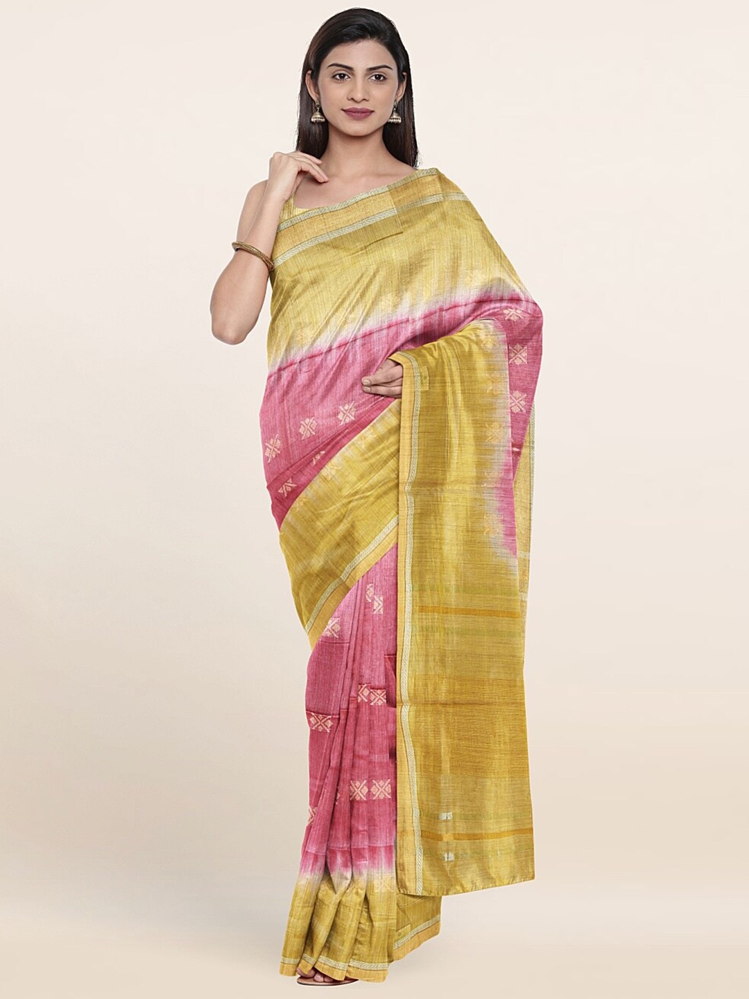 

Pothys Pink & Yellow Woven Design Zari Jute Cotton Saree