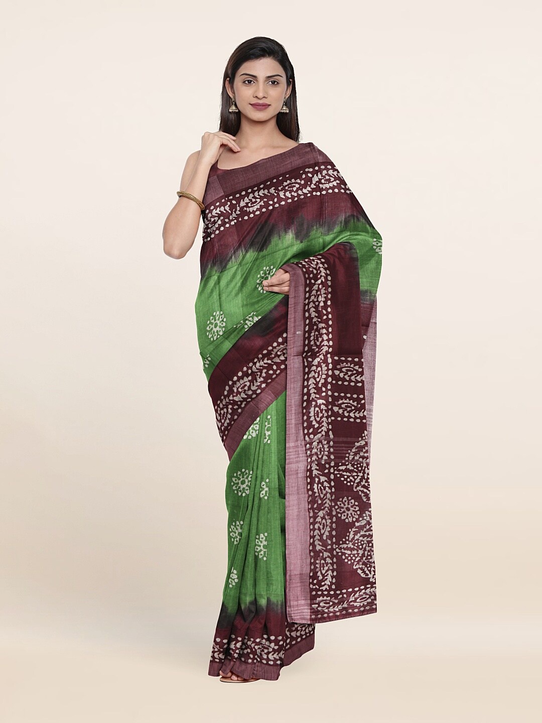 

Pothys Green & Violet Batik Pure Linen Saree