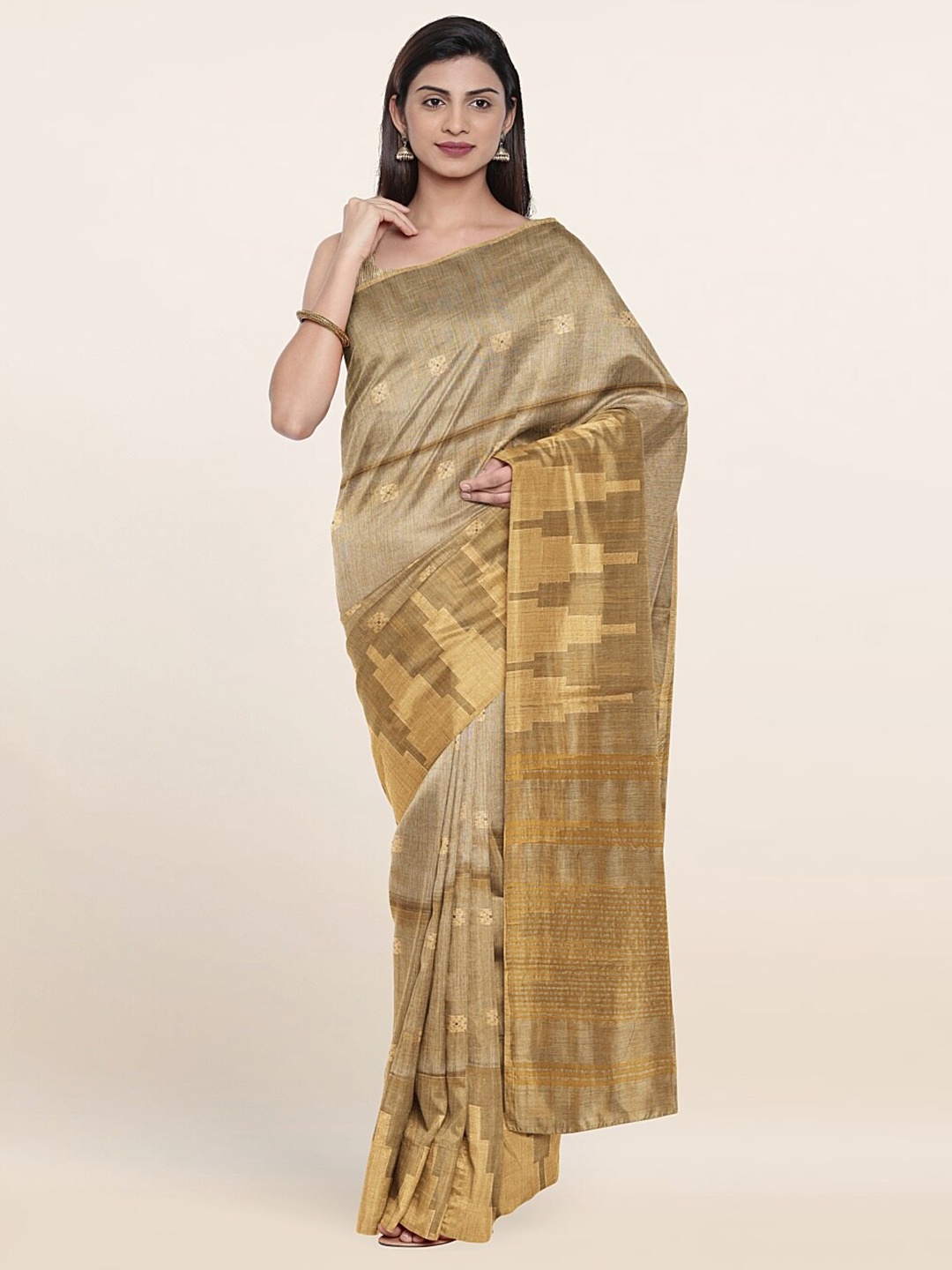 

Pothys Brown & Gold-Toned Woven Design Zari Jute Cotton Saree