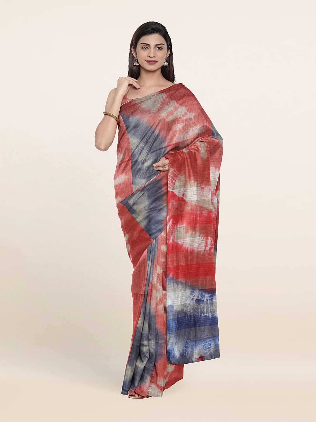 

Pothys Red & Blue Tie and Dye Zari Jute Cotton Saree