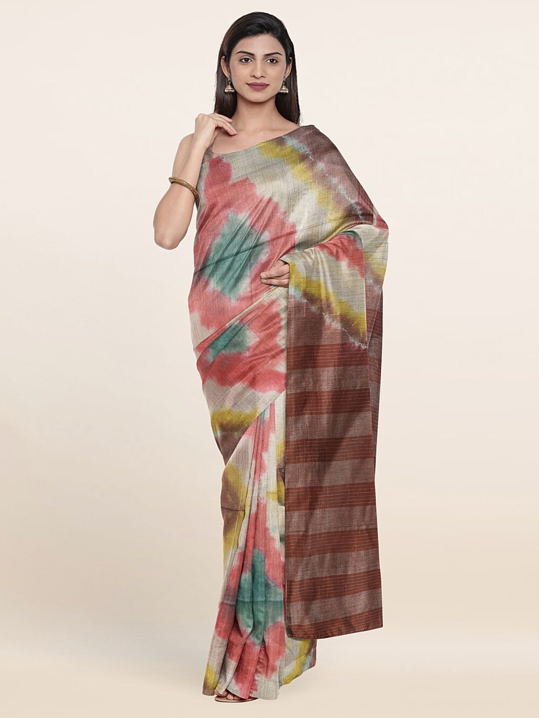

Pothys Brown & Red Tie & Dye Jute Cotton Saree