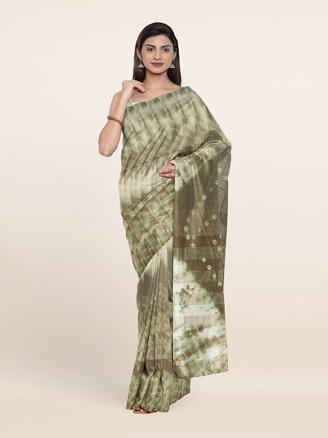 

Pothys Olive Green & White Tie and Dye Jute Cotton Saree