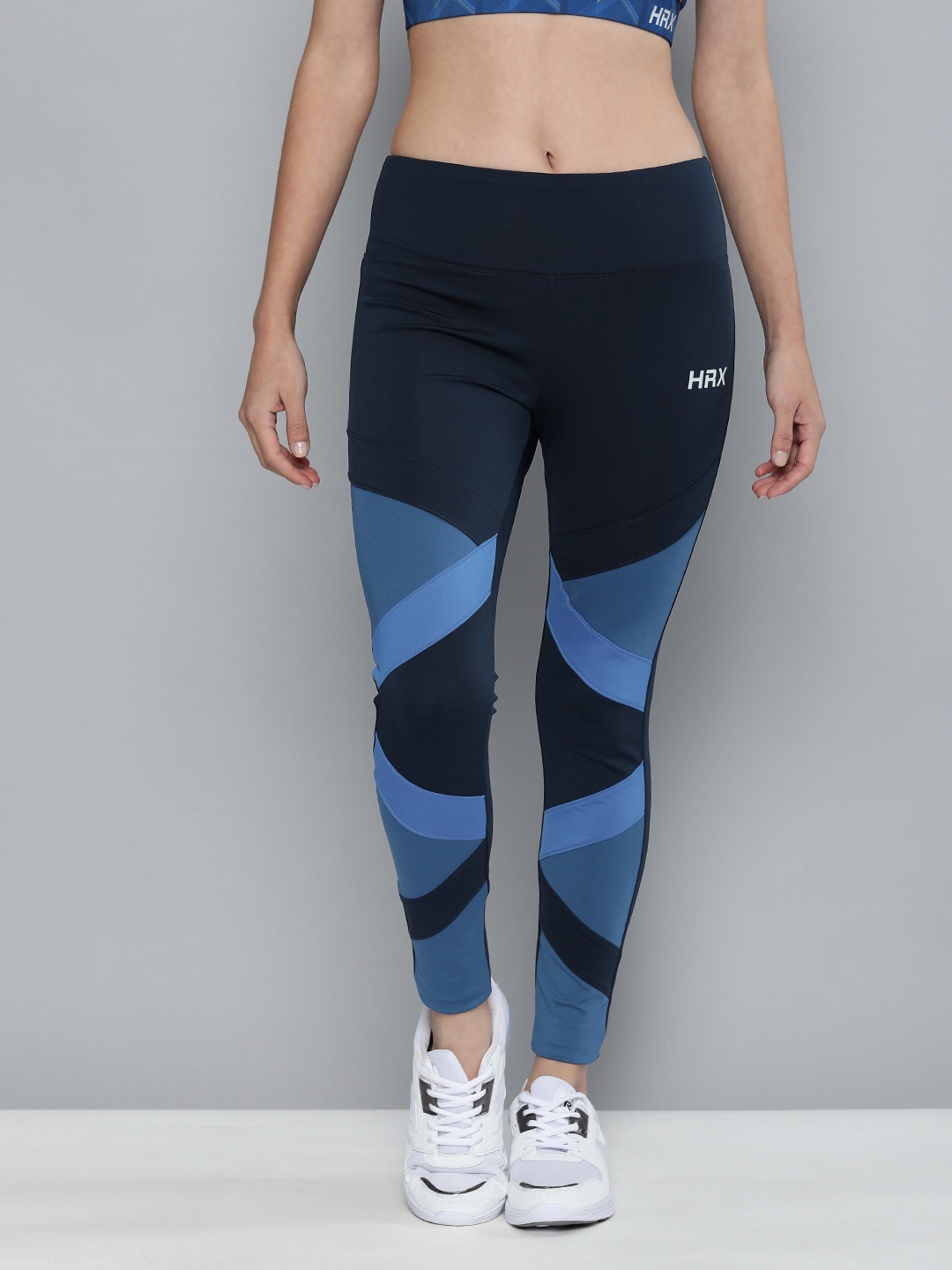 

HRX By Hrithik Roshan Women Navy Blue Striped Running Rapid-Dry Technology Tights