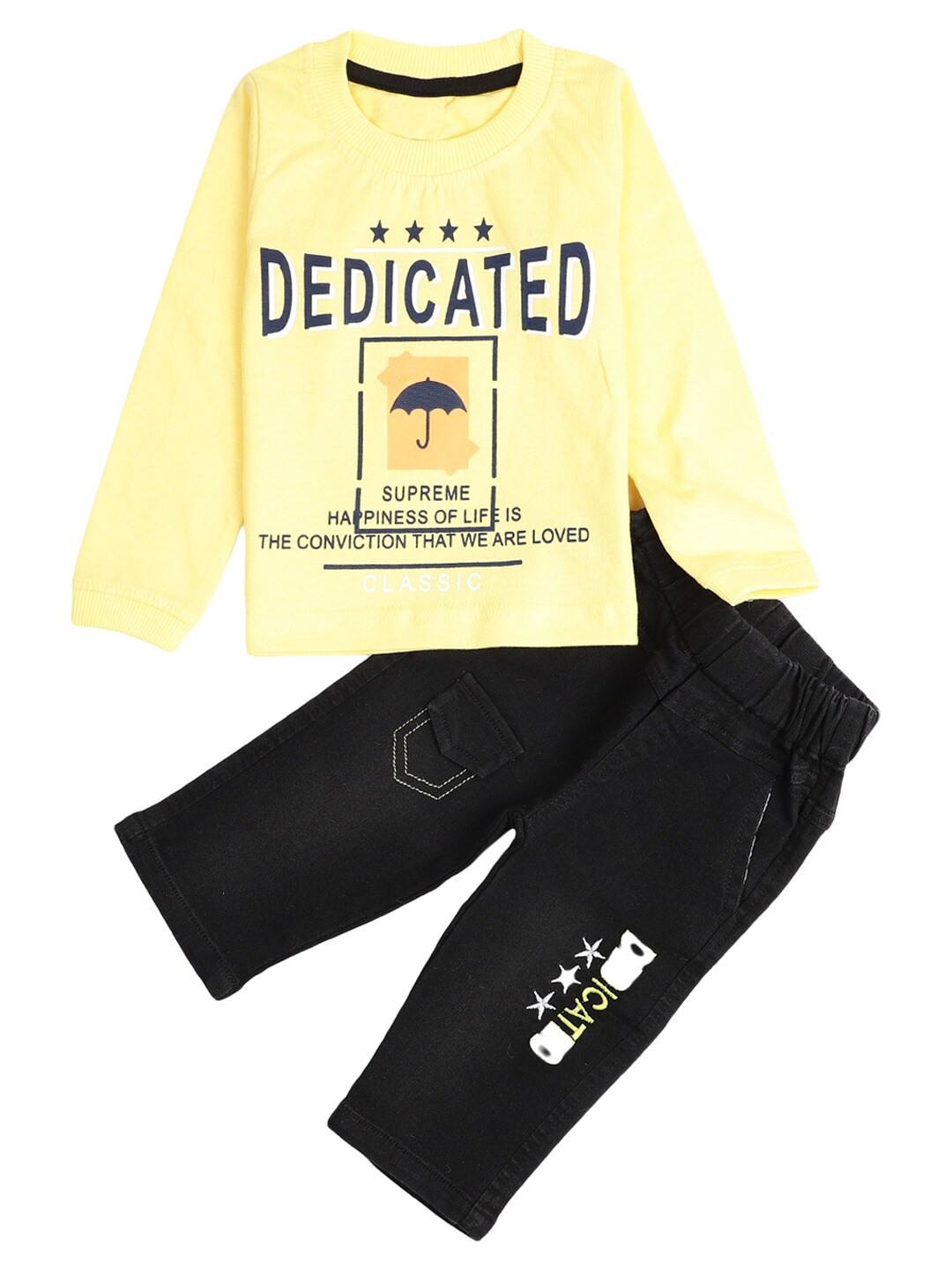 

V-Mart Kids Yellow & Black Printed Pure Cotton T-shirt with Trousers