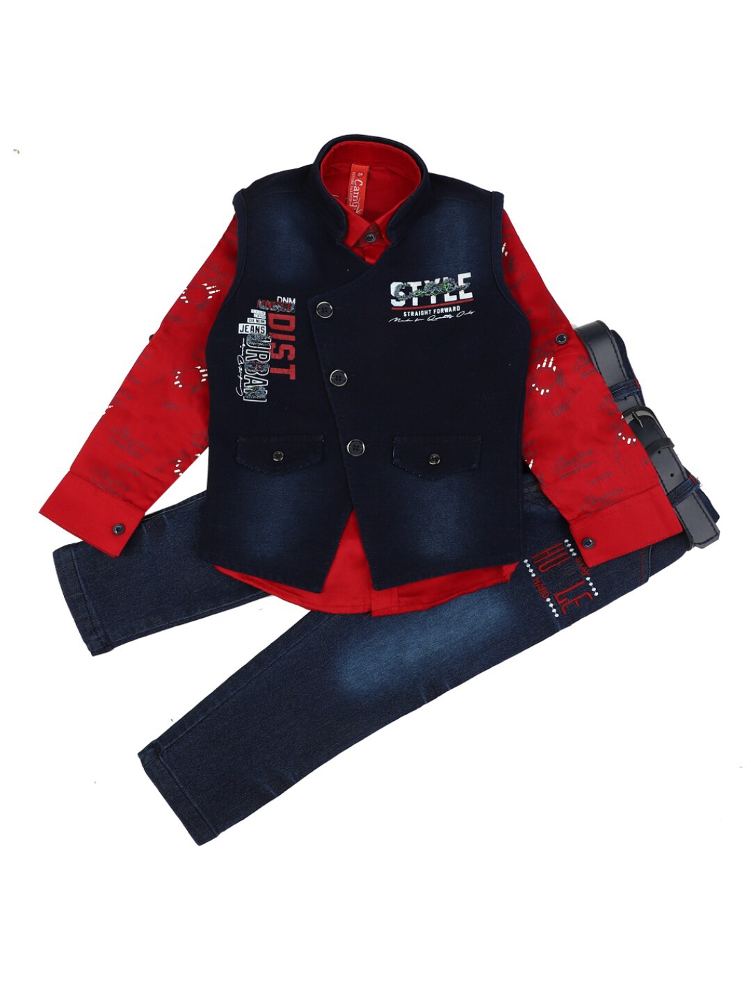 

V-Mart Boys Red & Navy Blue Printed Cotton T-shirt with Trousers