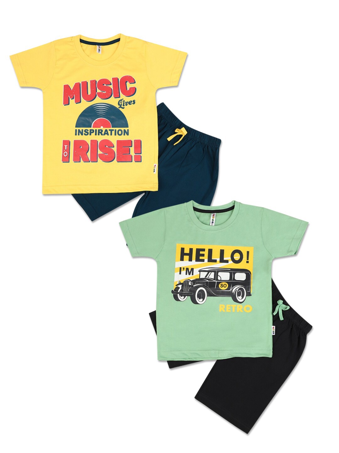 

V-Mart Unisex Kids Pack of 2 Yellow Printed T-shirt with Shorts