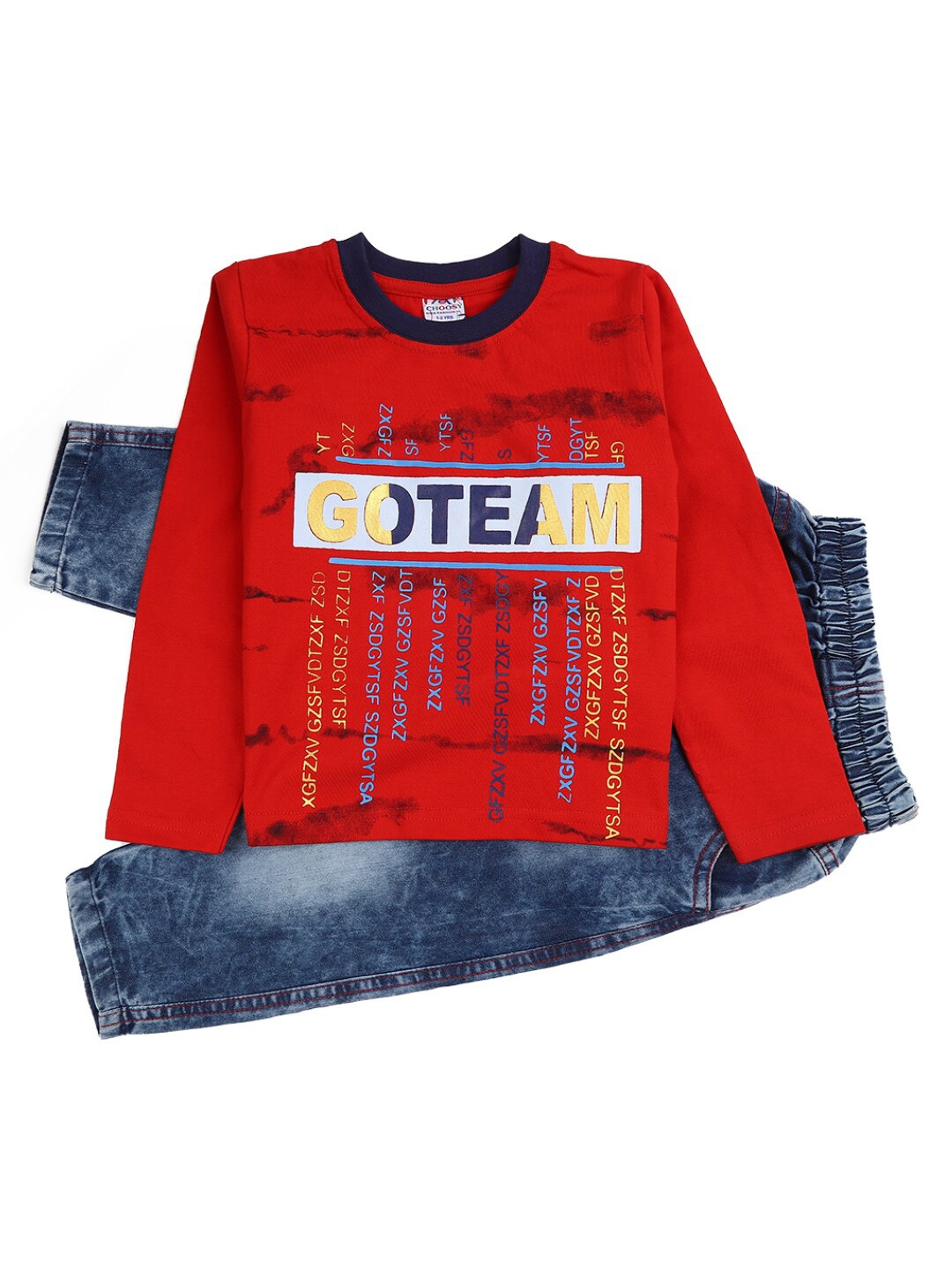 

V-Mart Boys Red & Blue Printed Denim T-shirt with Trousers