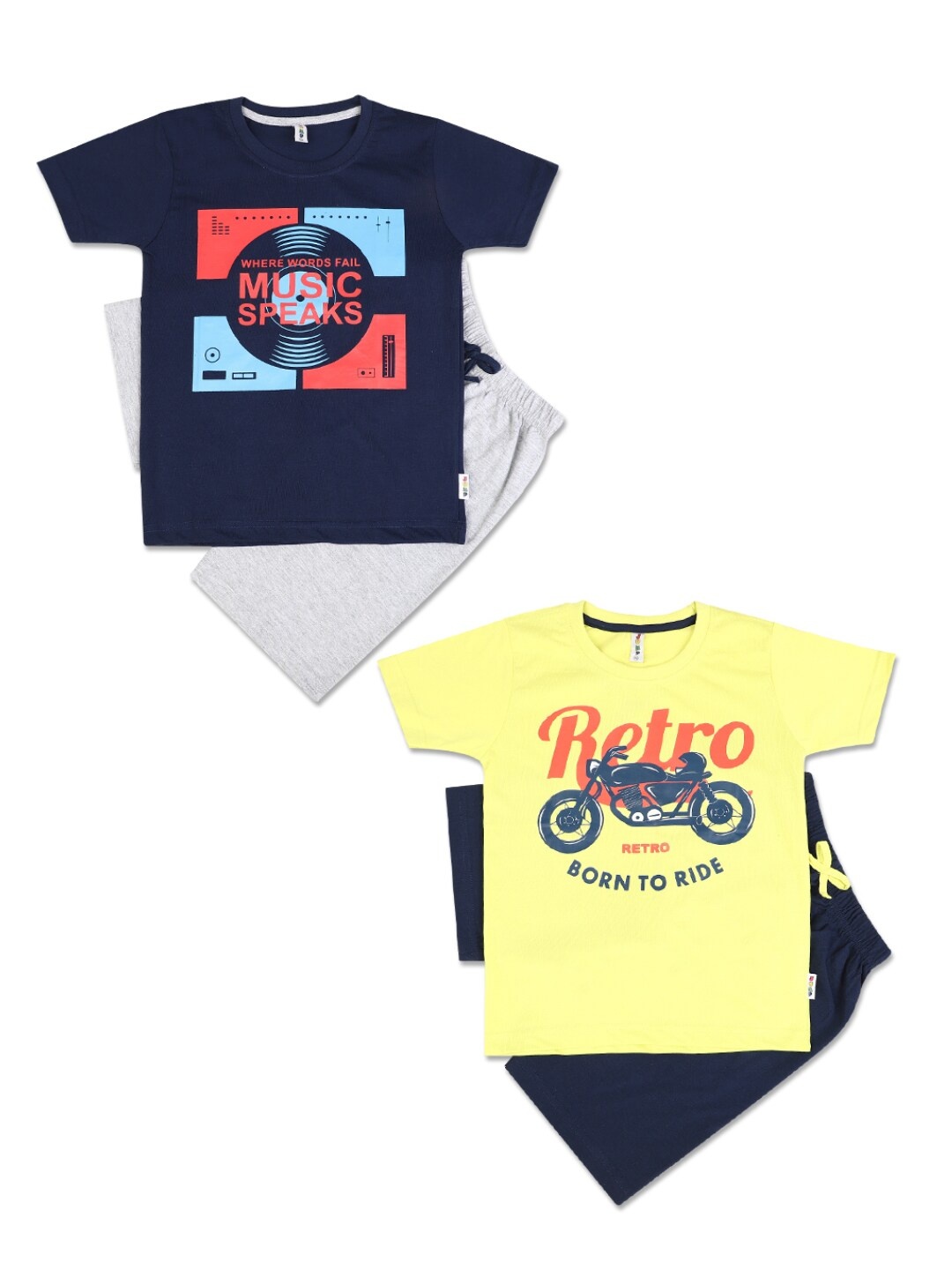 

V-Mart Kids Pack of 4 Navy Blue & Yellow Printed T-shirt with Shorts