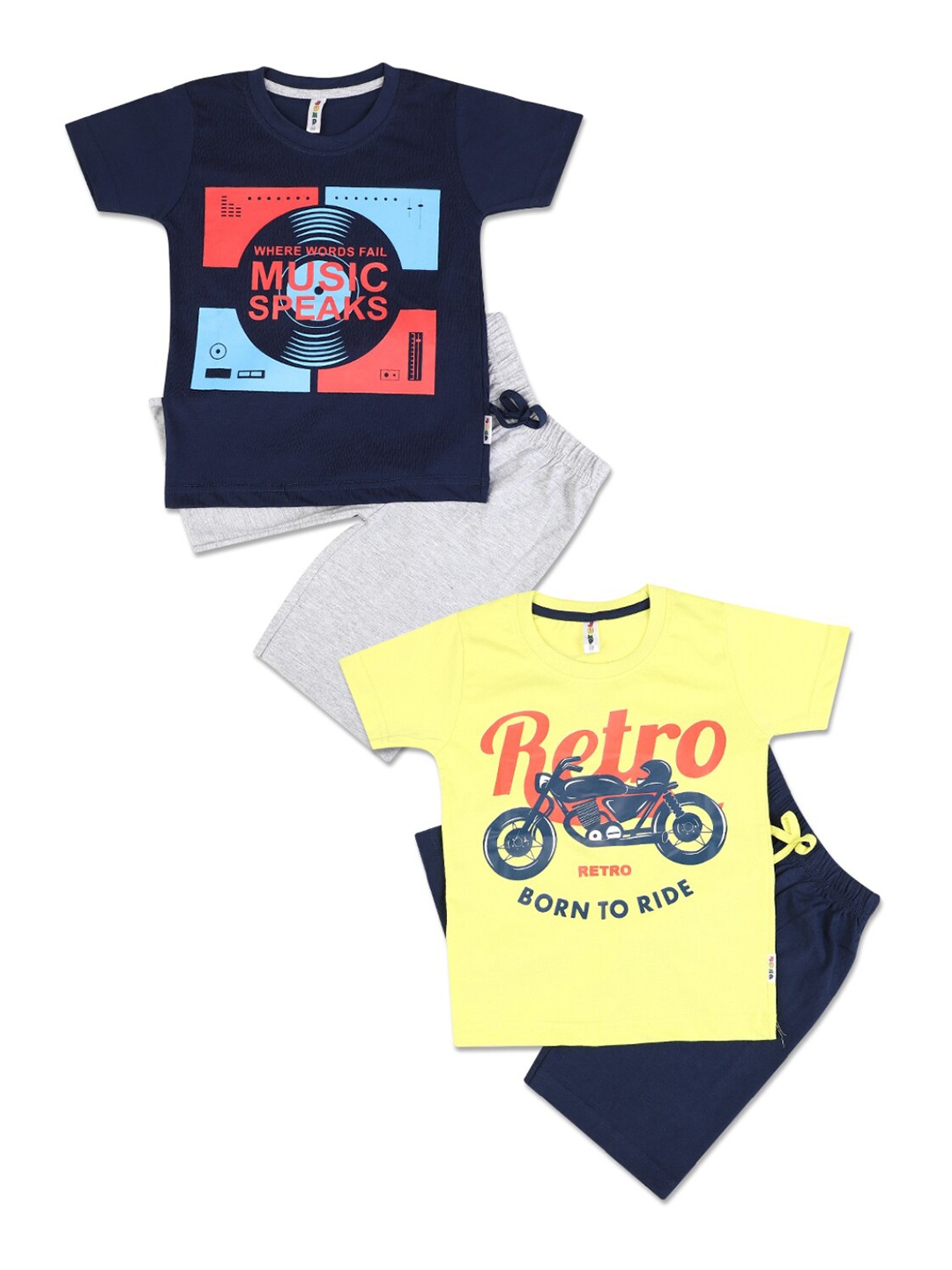 

V-Mart Unisex Kids Pack of 2 Navy Blue & Yellow Printed T-shirt with Shorts