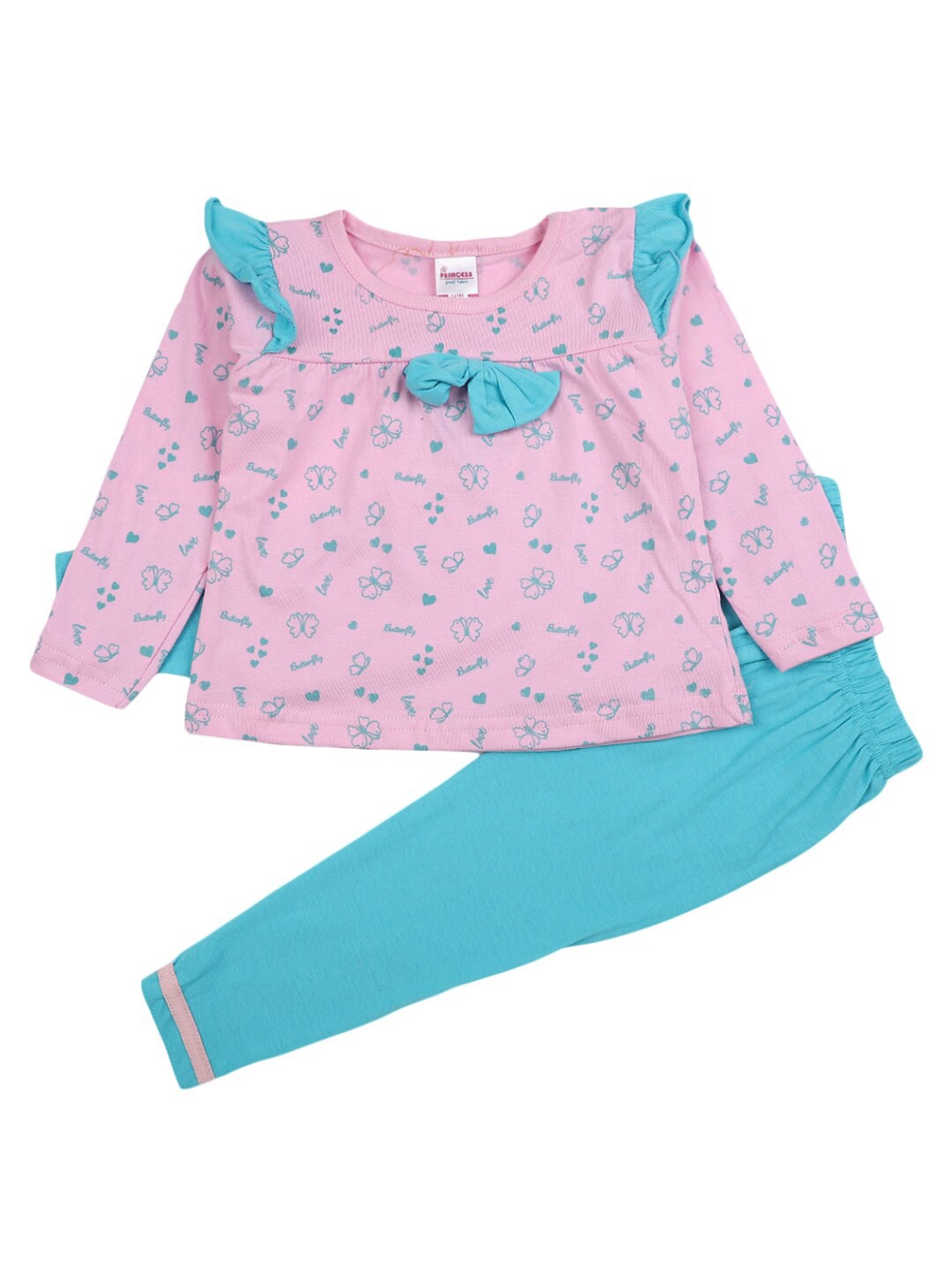 

V-Mart Girls Pink & Blue Printed Pure Cotton T-shirt with Leggings